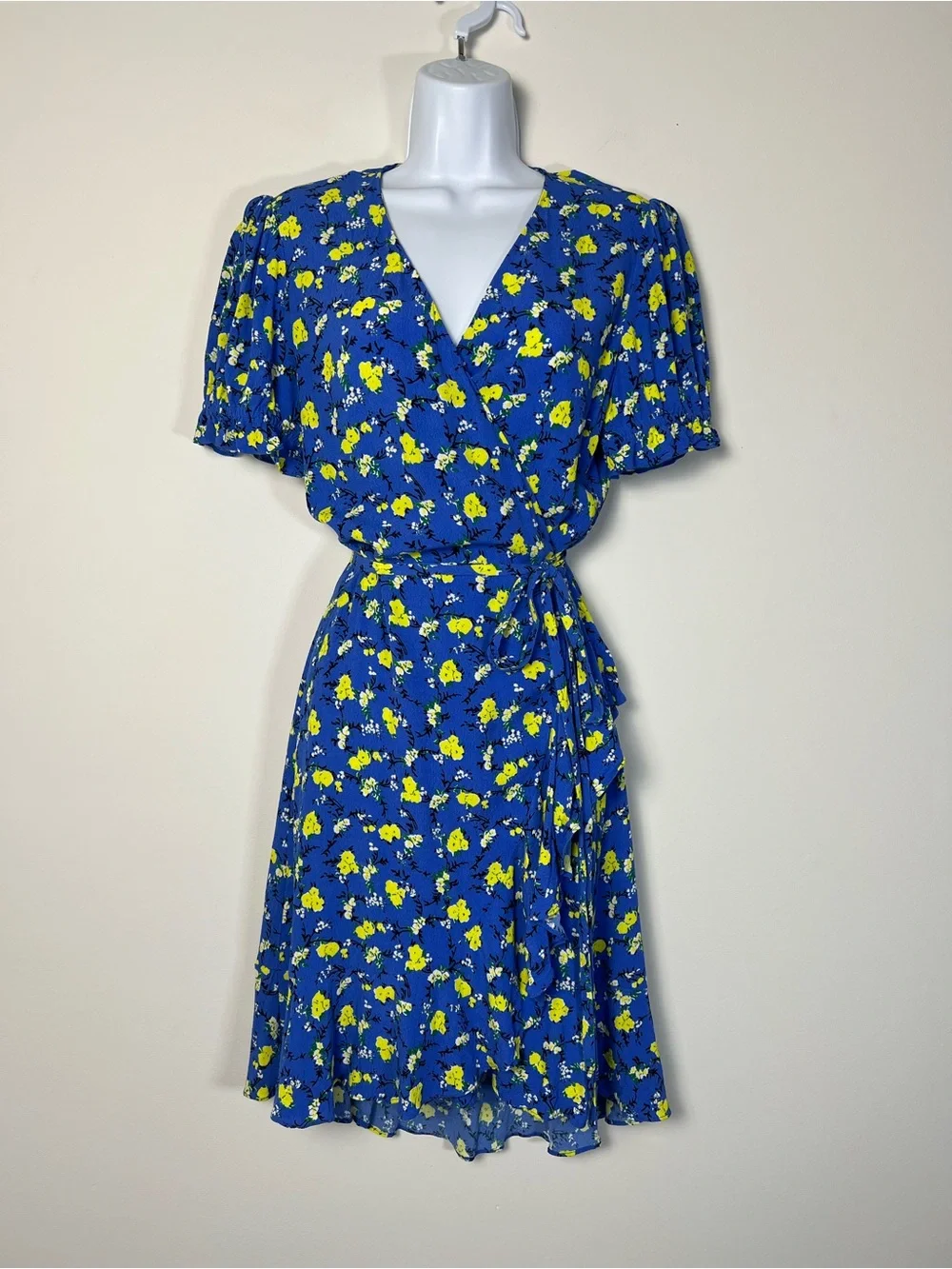 Diane von Furstenberg Emilia Wrap Dress Blue Yellow Floral M